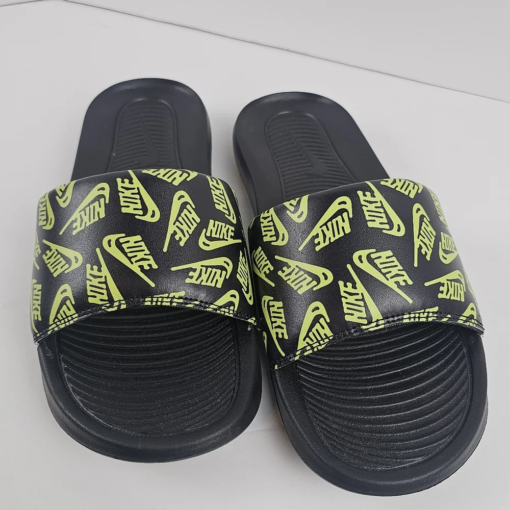 Nike Victori One Black/Neon Green Volt Logo Print Sport Slides Size 8 Lounge
